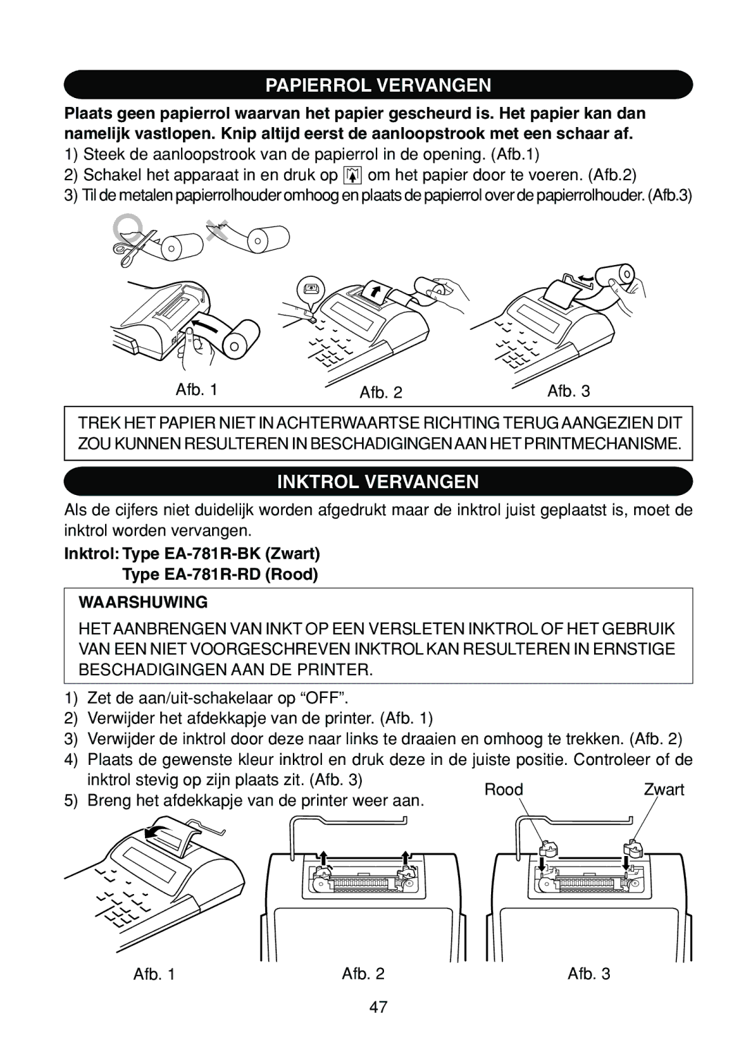 Sharp EL-1801C Papierrol Vervangen, Inktrol Vervangen, Inktrol Type EA-781R-BK Zwart Type EA-781R-RD Rood, Waarshuwing 