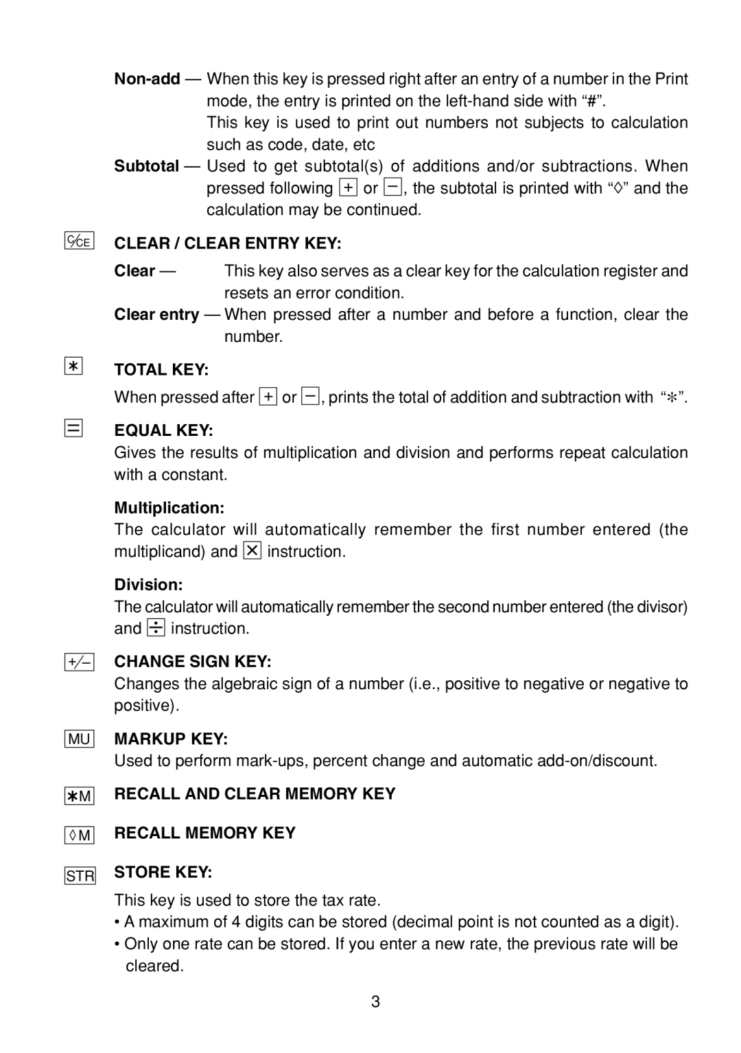 Sharp EL-1801C operation manual Clear / Clear Entry KEY, Total KEY, Equal KEY, Change Sign KEY, Markup KEY 