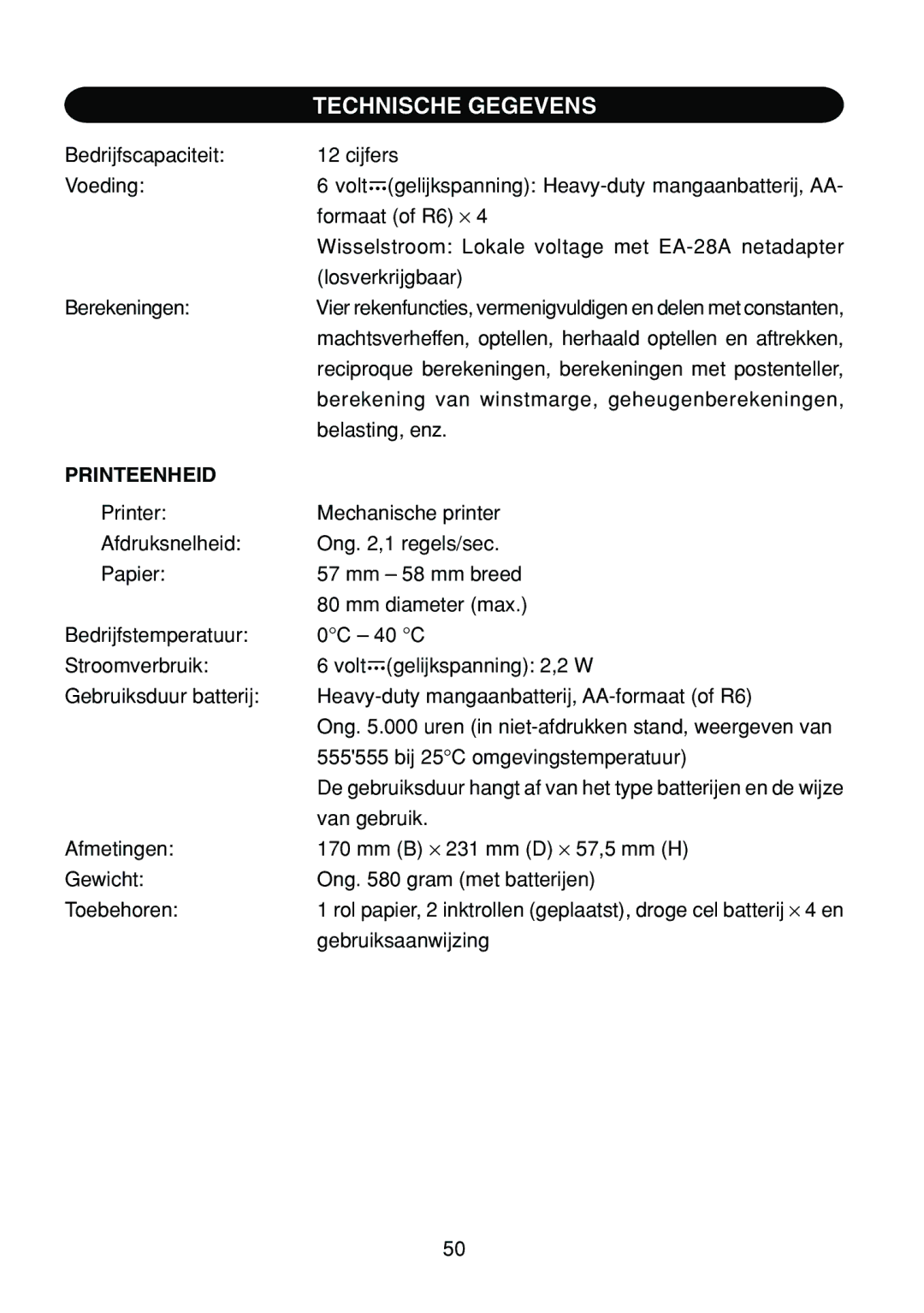 Sharp EL-1801C operation manual Technische Gegevens, Printeenheid 