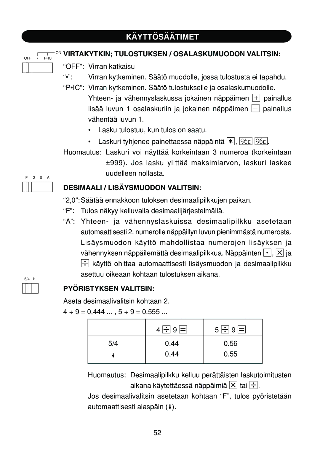 Sharp EL-1801C Käyttösäätimet, On Virtakytkin Tulostuksen / Osalaskumuodon Valitsin, Desimaali / Lisäysmuodon Valitsin 