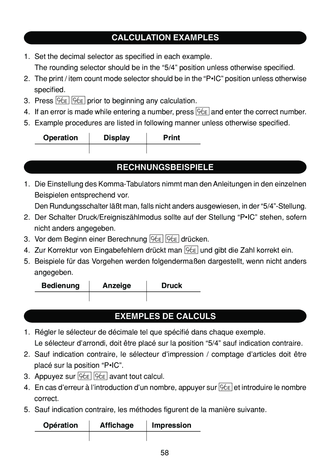 Sharp EL-1801C operation manual Calculation Examples, Rechnungsbeispiele, Exemples DE Calculs 