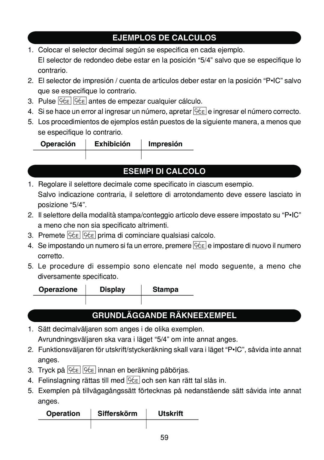 Sharp EL-1801C operation manual Ejemplos DE Calculos, Esempi DI Calcolo, Grundläggande Räkneexempel 