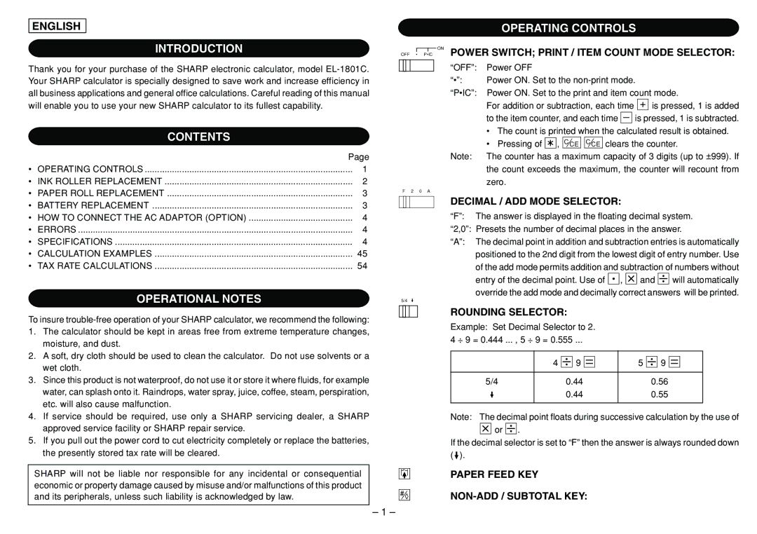 Sharp EL-1801C operation manual Introduction, Contents, Operational Notes, Operating Controls 