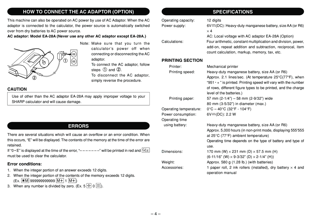 Sharp EL-1801C operation manual HOW to Connect the AC Adaptor Option, Errors, Specifications, Printing Section 