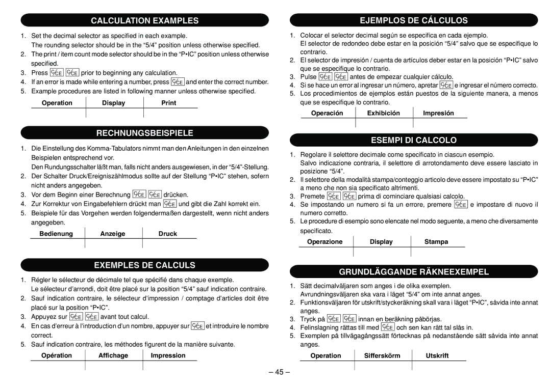 Sharp EL-1801C Calculation Examples, Ejemplos DE Cálculos, Rechnungsbeispiele, Esempi DI Calcolo, Exemples DE Calculs 