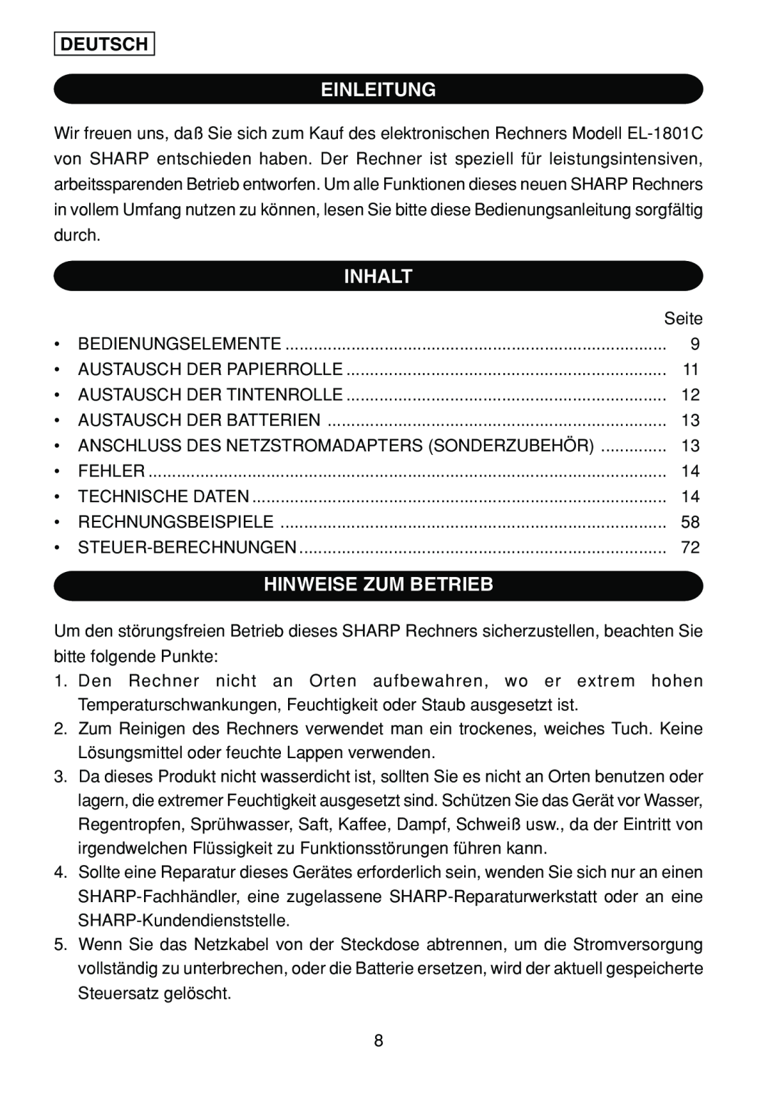 Sharp EL-1801C operation manual Einleitung, Inhalt, Hinweise Zum Betrieb, Deutsch 