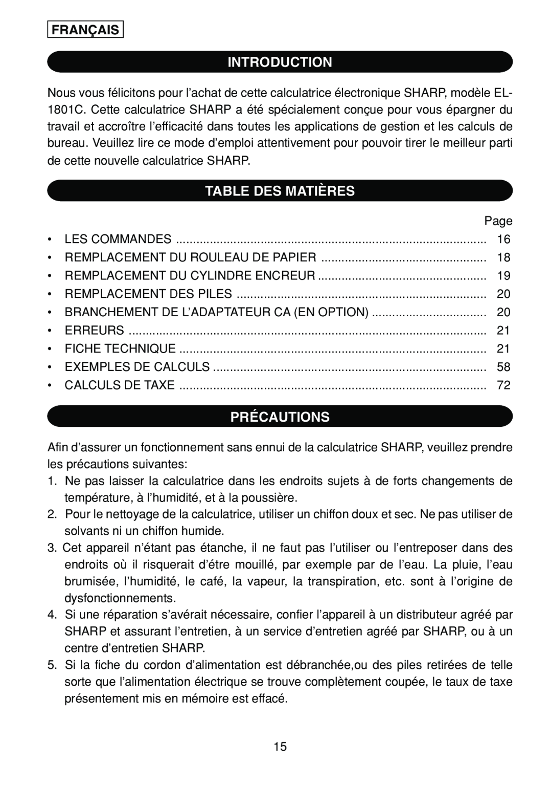 Sharp EL-1801C operation manual Introduction, Table Des Matières, Précautions, Français, Calculs De Taxe 