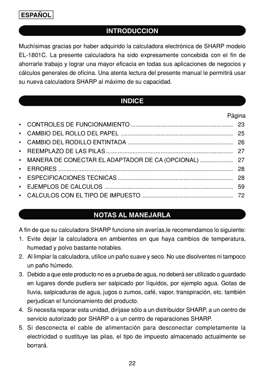 Sharp EL-1801C operation manual Introduccion, Indice, Notas Al Manejarla, Español 