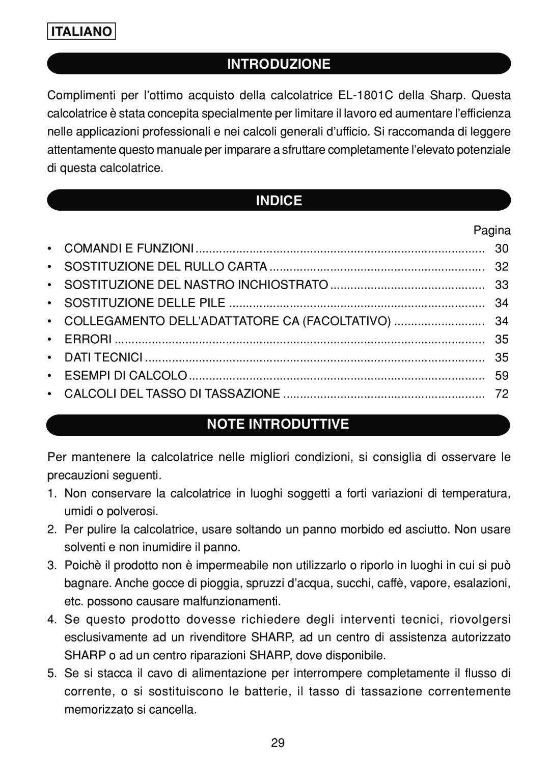Sharp EL-1801C operation manual Introduzione, Indice, Note Introduttive, Italiano 