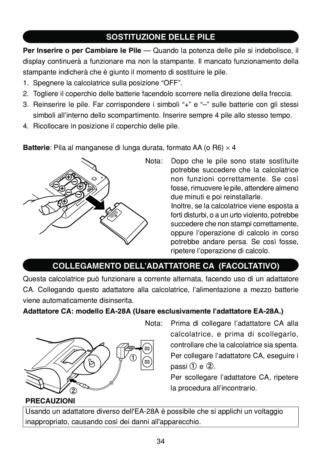 Sharp EL-1801C operation manual Sostituzione Delle Pile, Collegamento Dell’Adattatore Ca Facoltativo, Precauzioni 