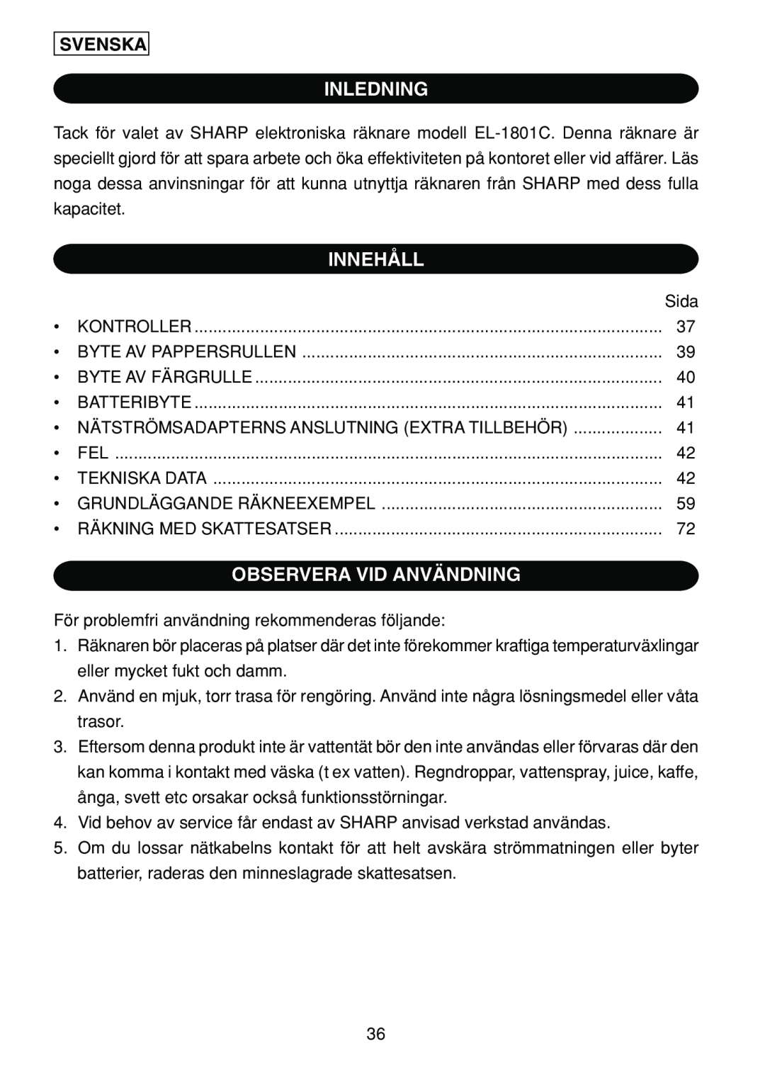 Sharp EL-1801C operation manual Inledning, Innehåll, Observera Vid Användning, Svenska 