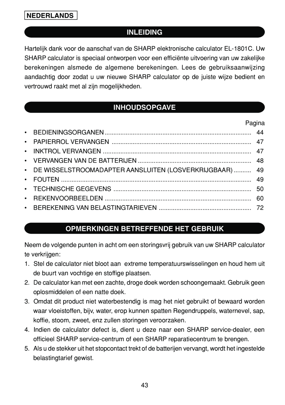 Sharp EL-1801C operation manual Inleiding, Inhoudsopgave, Opmerkingen Betreffende Het Gebruik, Nederlands 
