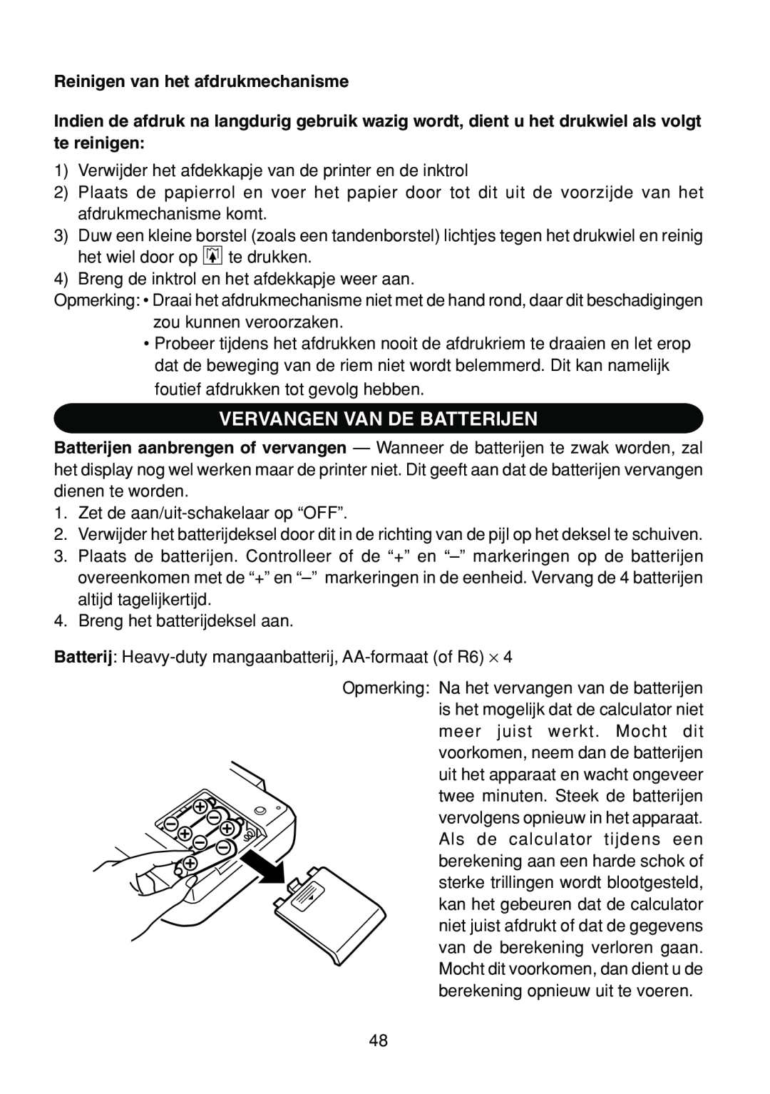 Sharp EL-1801C operation manual Vervangen Van De Batterijen, Reinigen van het afdrukmechanisme 