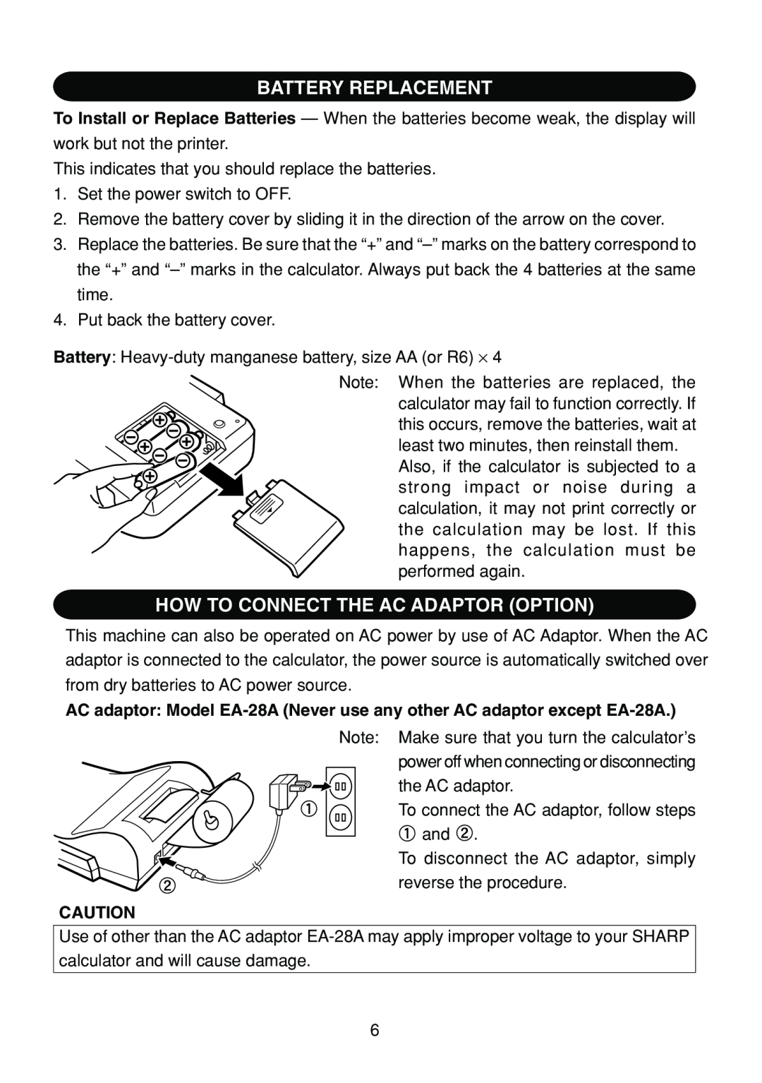 Sharp EL-1801C operation manual Battery Replacement, How To Connect The Ac Adaptor Option 