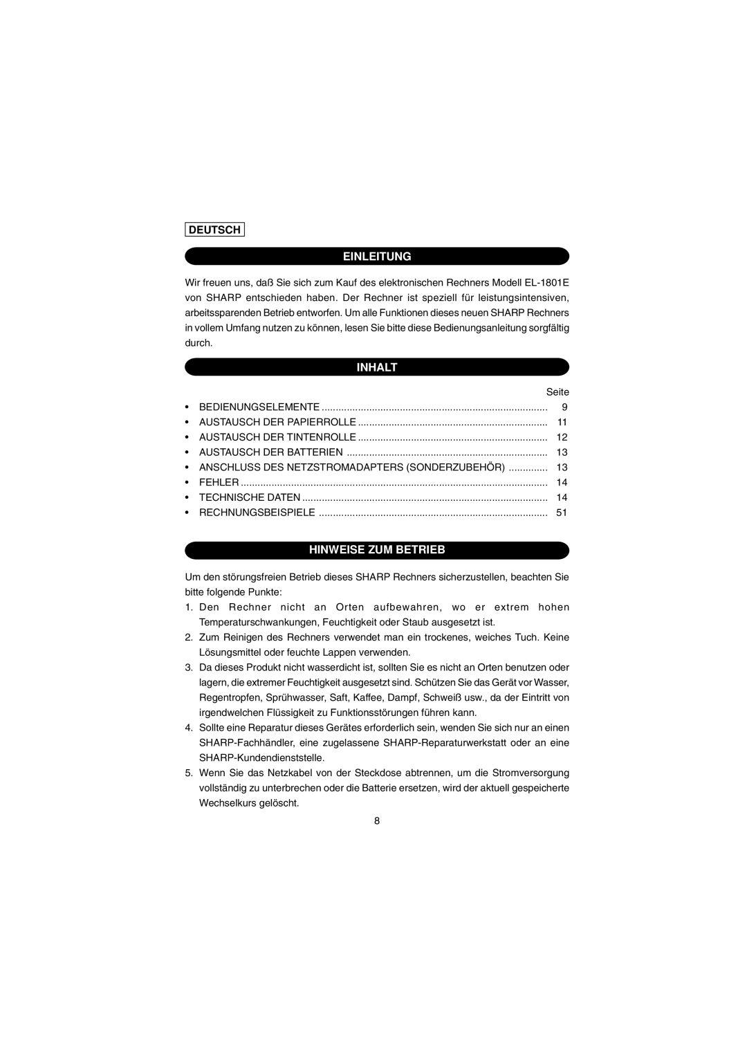 Sharp EL-1801E operation manual Einleitung, Inhalt, Hinweise ZUM Betrieb, Deutsch 