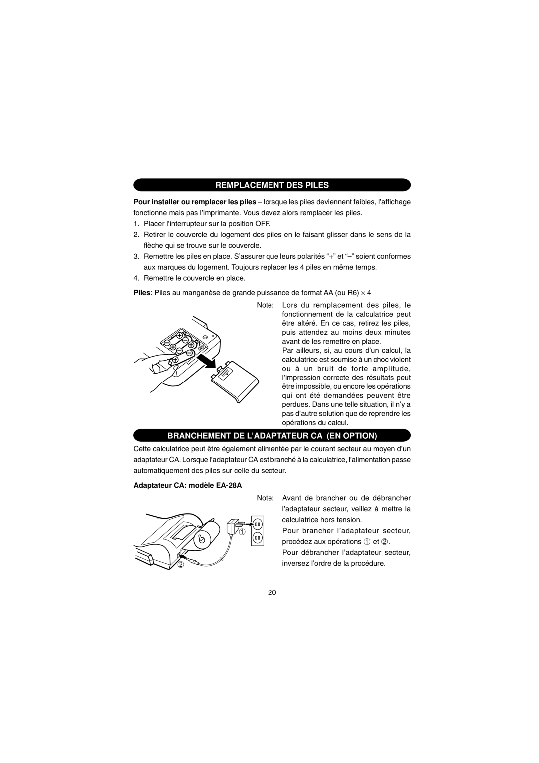 Sharp EL-1801E Remplacement DES Piles, Branchement DE L’ADAPTATEUR CA EN Option, Adaptateur CA modè le EA-28A 