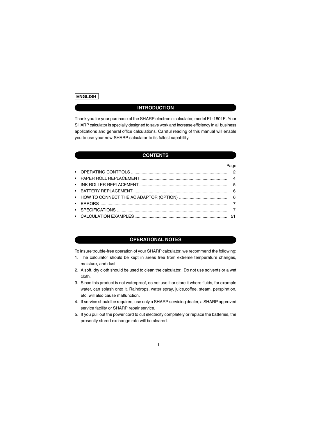 Sharp EL-1801E operation manual Introduction, Contents, Operational Notes 