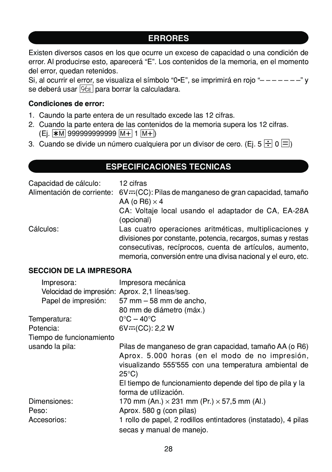 Sharp EL-1801E operation manual Errores, Especificaciones Tecnicas, Condiciones de error, Seccion DE LA Impresora 