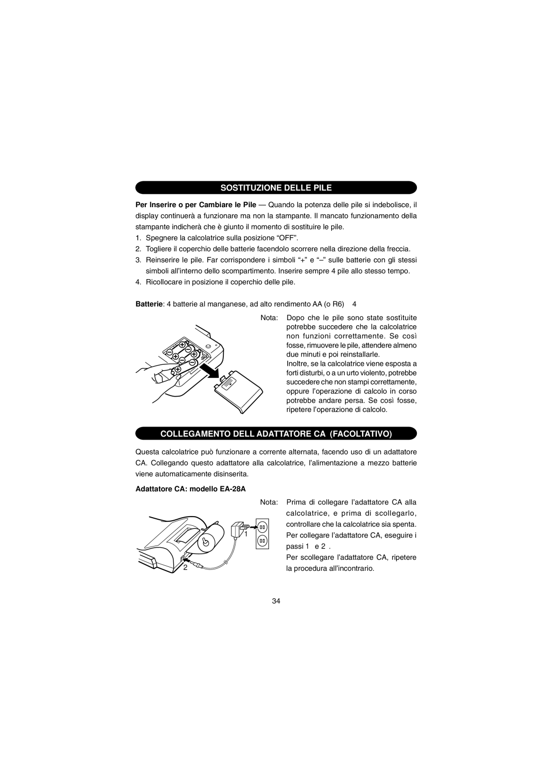 Sharp EL-1801E operation manual Sostituzione Delle Pile, Collegamento DELL’ADATTATORE CA Facoltativo 