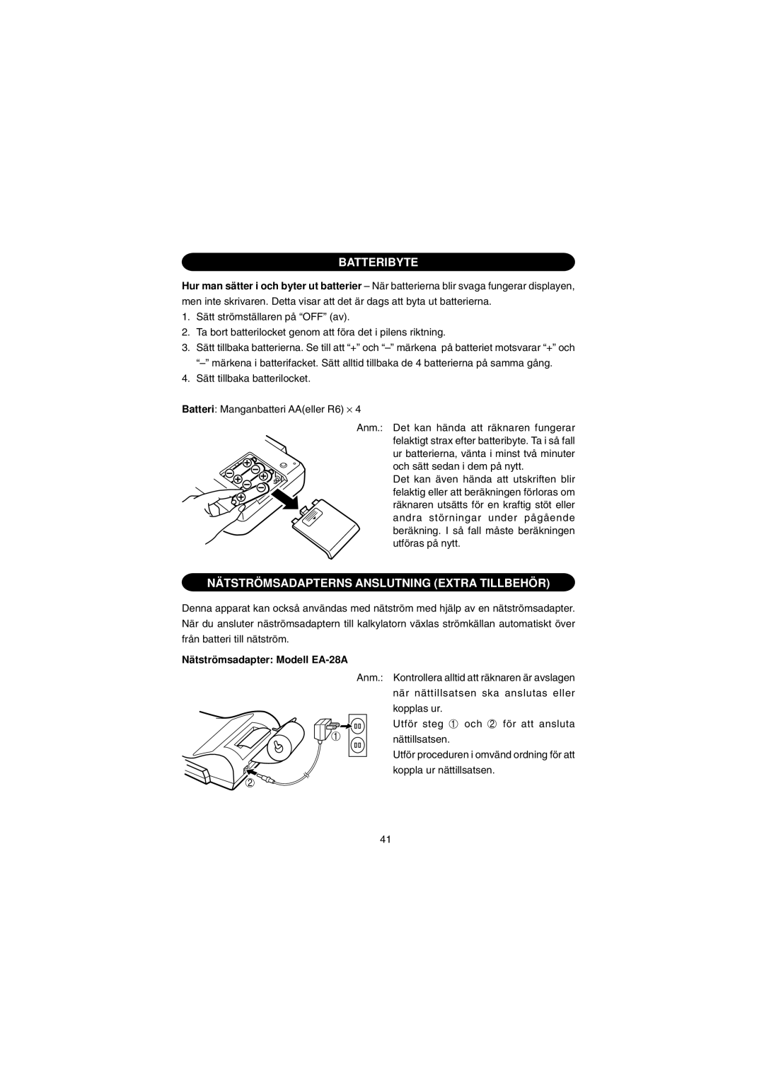 Sharp EL-1801E operation manual Batteribyte, NÄ Tströ Msadapterns Anslutning Extra Tillbehö R 