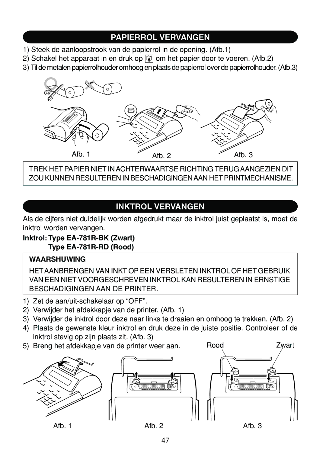 Sharp EL-1801E Papierrol Vervangen, Inktrol Vervangen, Inktrol Type EA-781R-BK Zwart Type EA-781R-RD Rood, Waarshuwing 