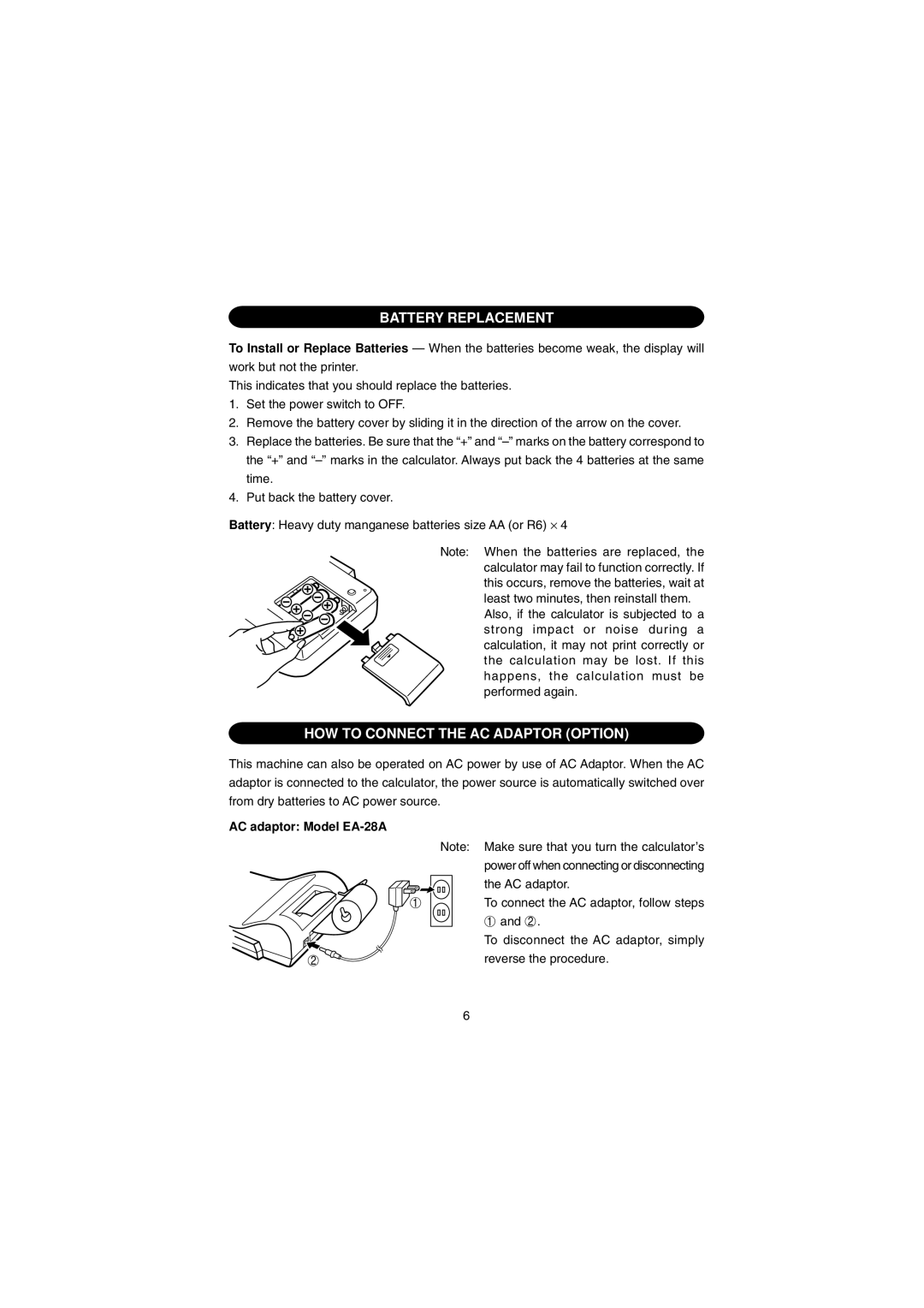 Sharp EL-1801E operation manual Battery Replacement, HOW to Connect the AC Adaptor Option 