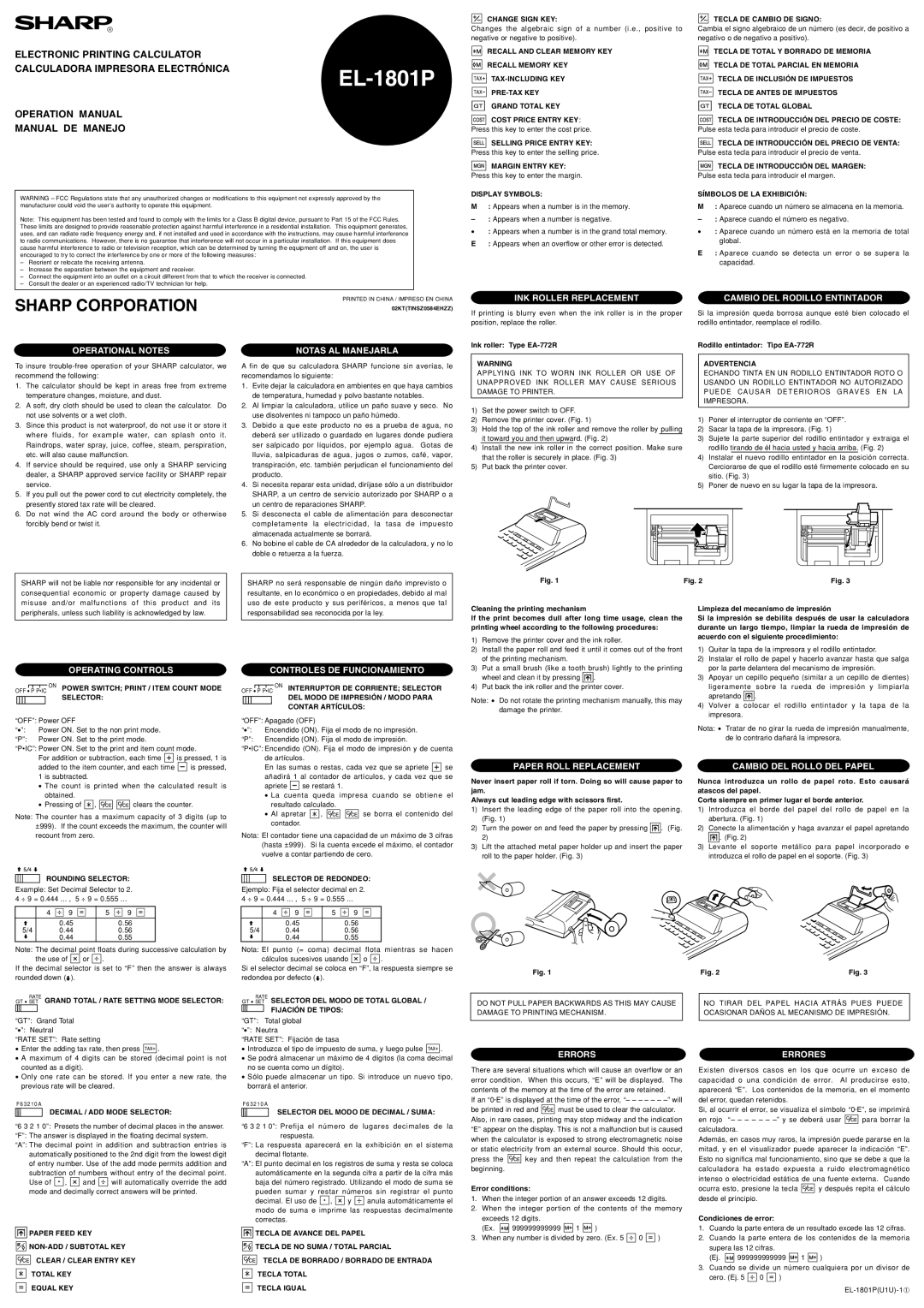 Sharp EL-1801P operation manual INK Roller Replacement Cambio DEL Rodillo Entintador, Operational Notes, Errors, Errores 