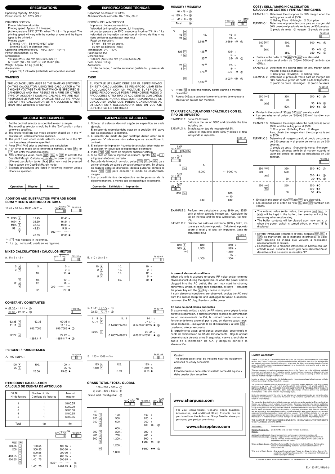 Sharp EL-1801P operation manual Specifications, Especificaciones Técnicas, Calculation Examples, Ejemplos DE Cálculos 