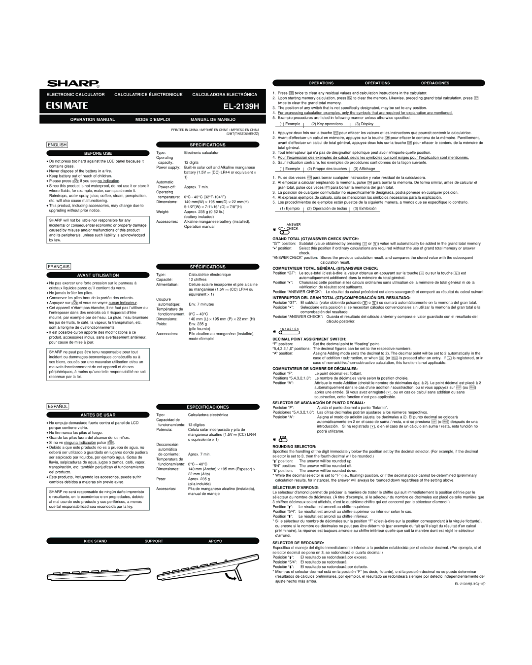 Sharp EL-2139H operation manual Mode D’EMPLOI Manual DE Manejo, Before USE, Specifications, Avant Utilisation 