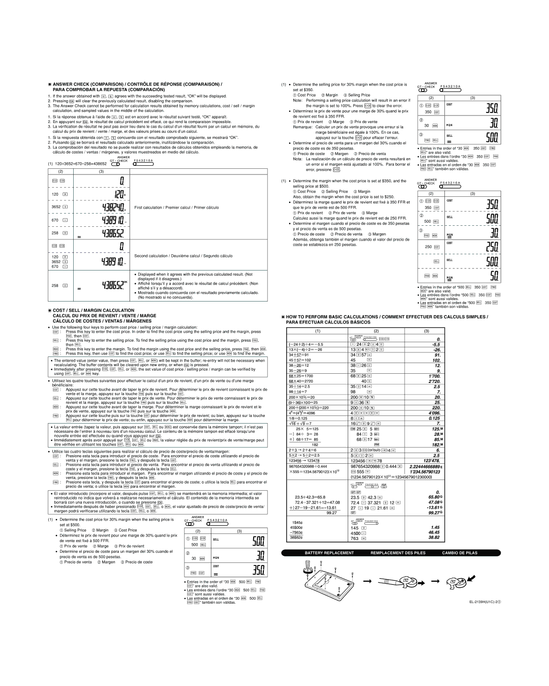 Sharp EL-2139H operation manual Battery Replacement Remplacement DES Piles Cambio DE Pilas 