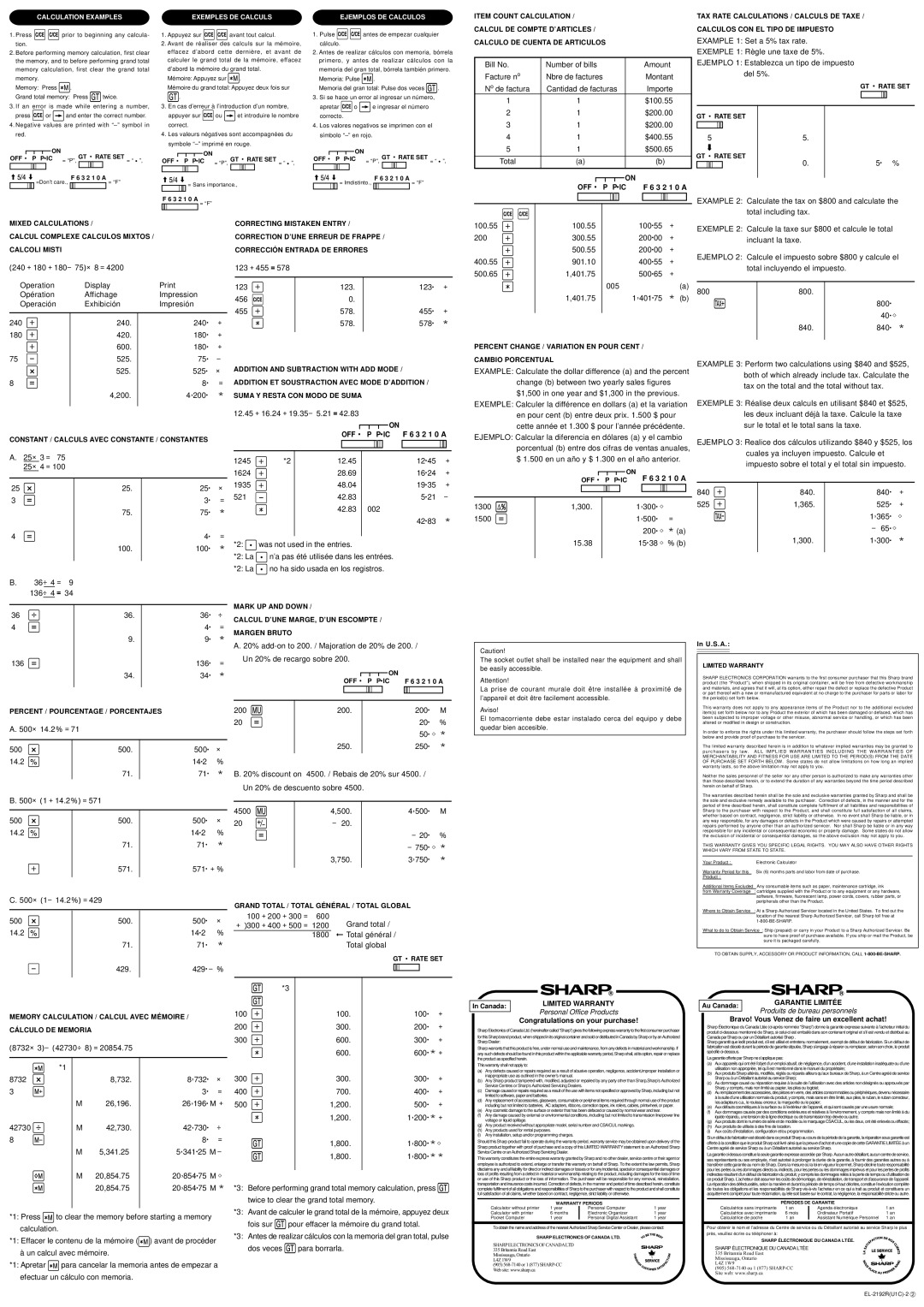 Sharp EL-2192R specifications Calculation Examples, Exemples DE Calculs, Ejemplos DE Calculos 