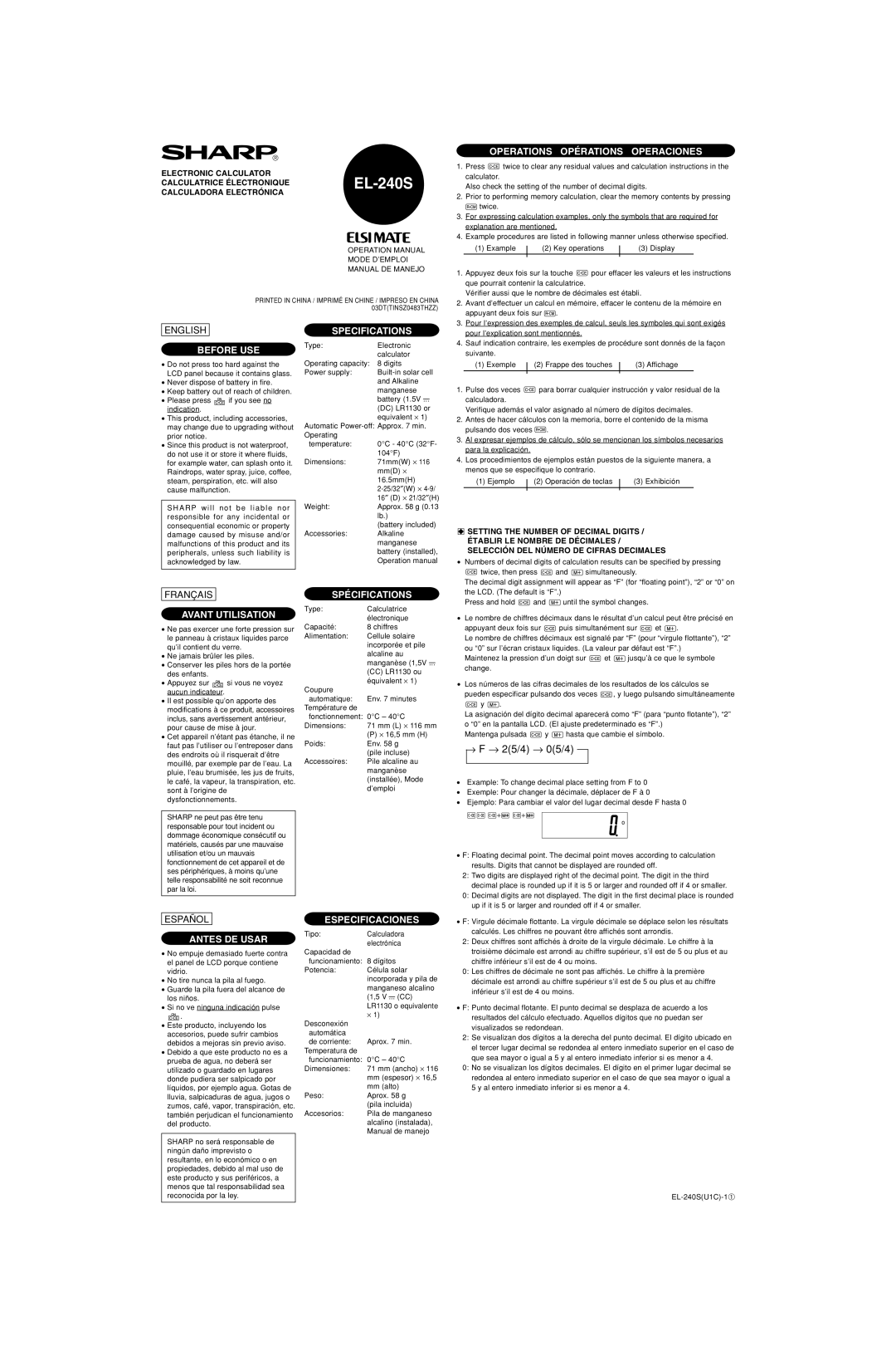 Sharp EL-240S specifications Operations Opérations Operaciones, Before USE, Specifications, Avant Utilisation 