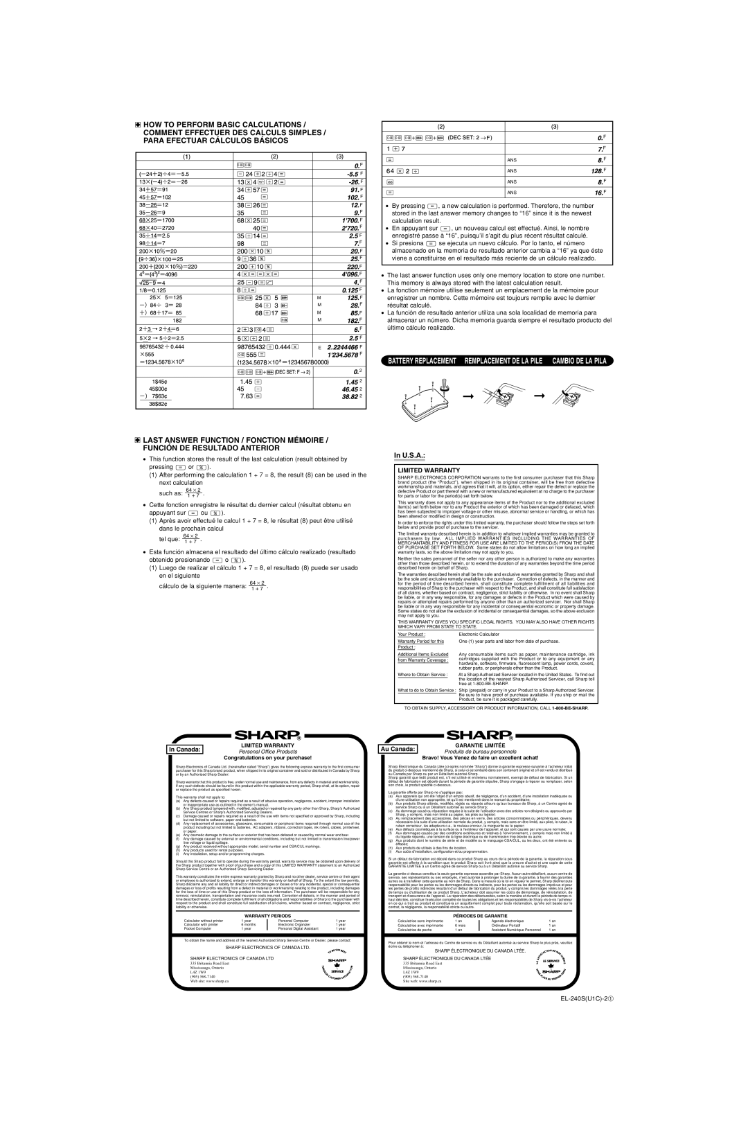 Sharp EL-240S specifications Au Canada, Personal Office Products, Produits de bureau personnels 