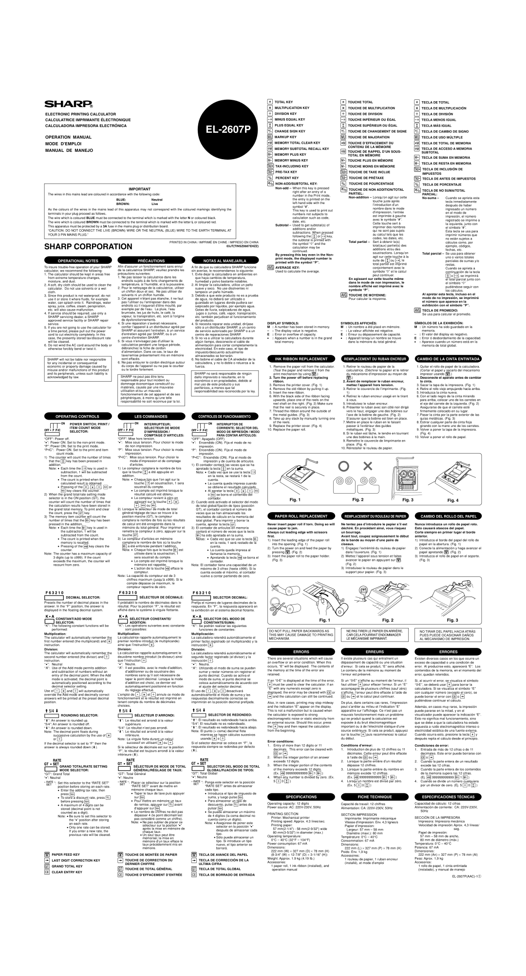 Sharp EL-2607P dimensions Operational Notes Précautions Notas AL Manejarla, Operating Controls, LES Commandes 