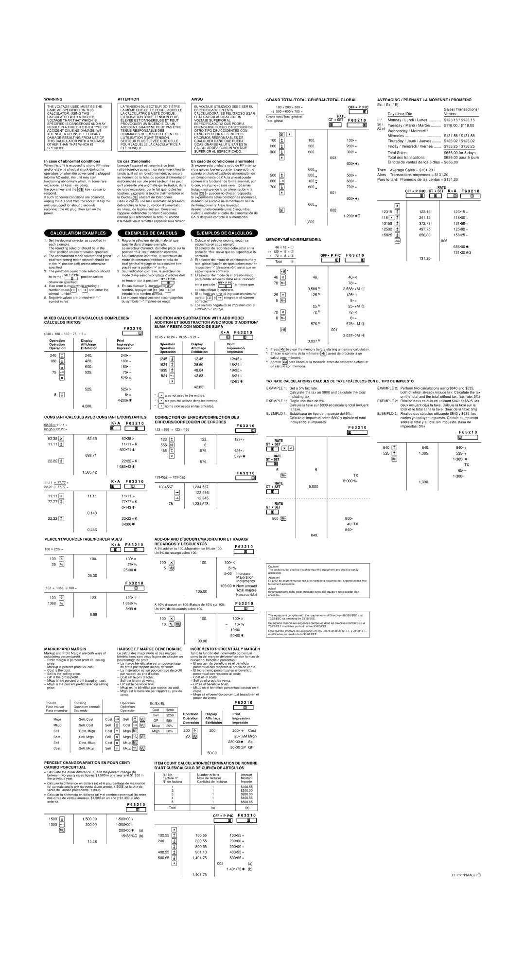 Sharp EL-2607P dimensions Incremento Porcentual Y Margen, Operation Display Print, Opération Affichage Impression 