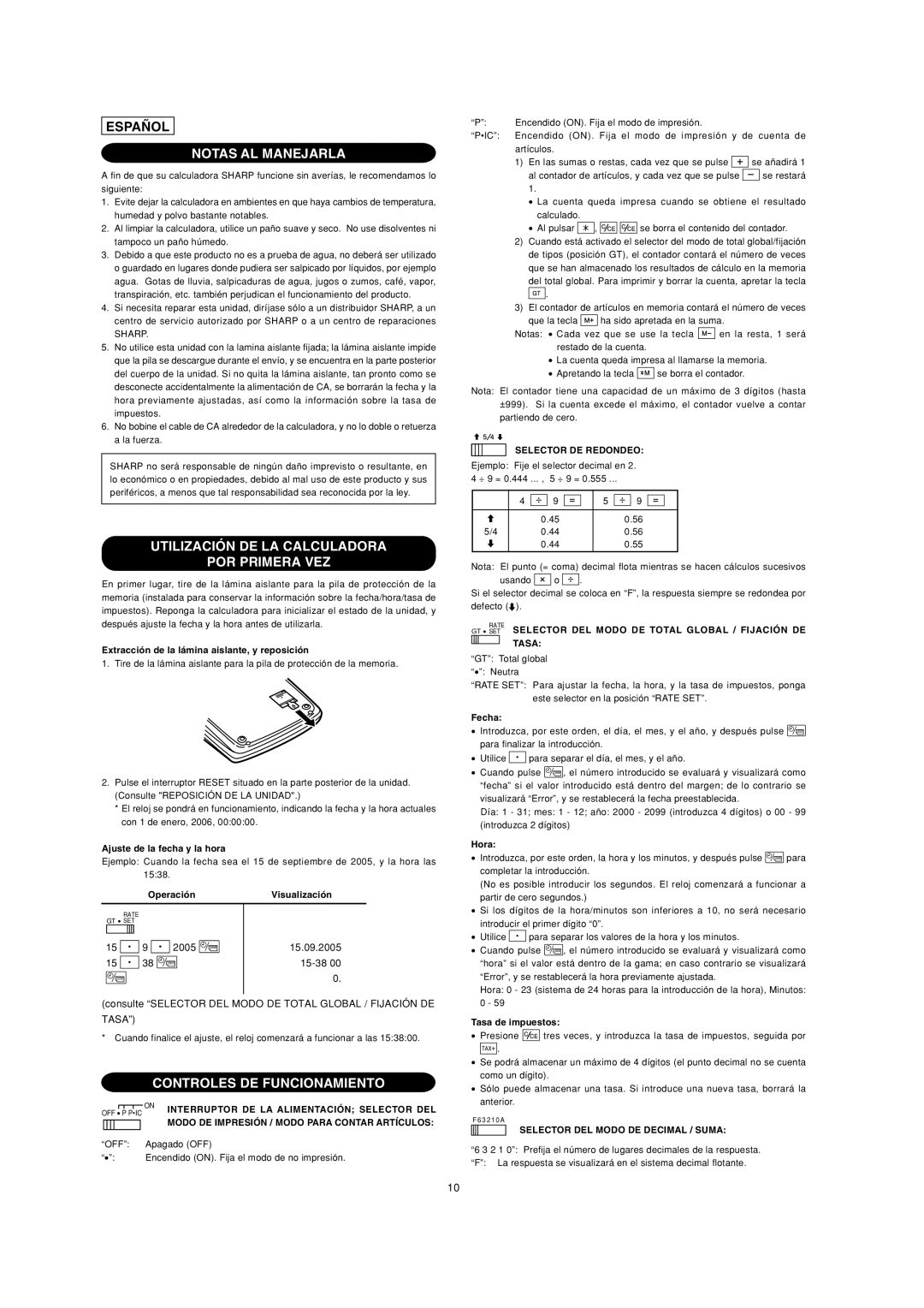 Sharp EL-2901PIII Notas AL Manejarla, Utilización DE LA Calculadora POR Primera VEZ, Controles DE Funcionamiento 