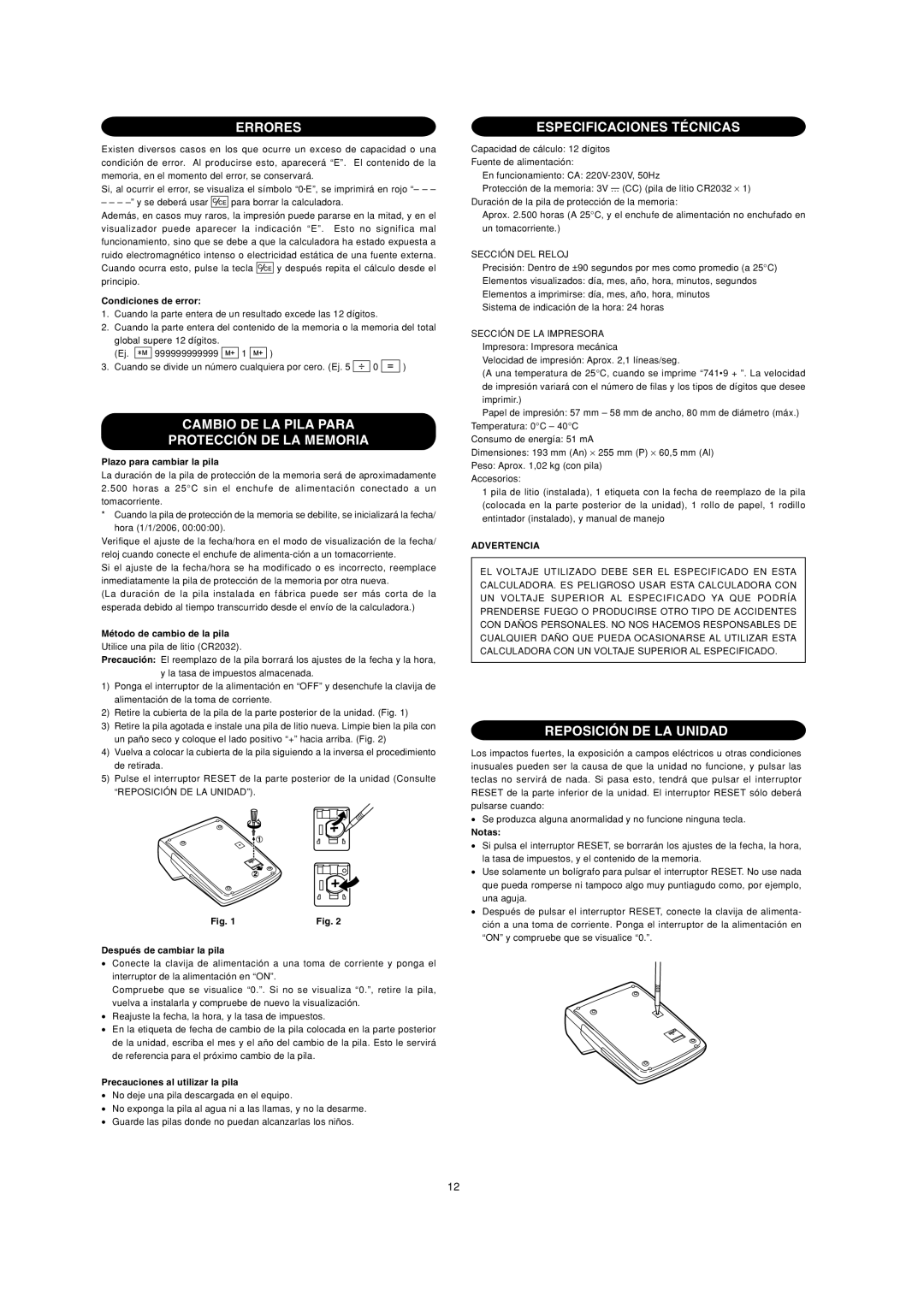 Sharp EL-2901PIII operation manual Errores, Cambio DE LA Pila Para Protección DE LA Memoria, Especificaciones Técnicas 