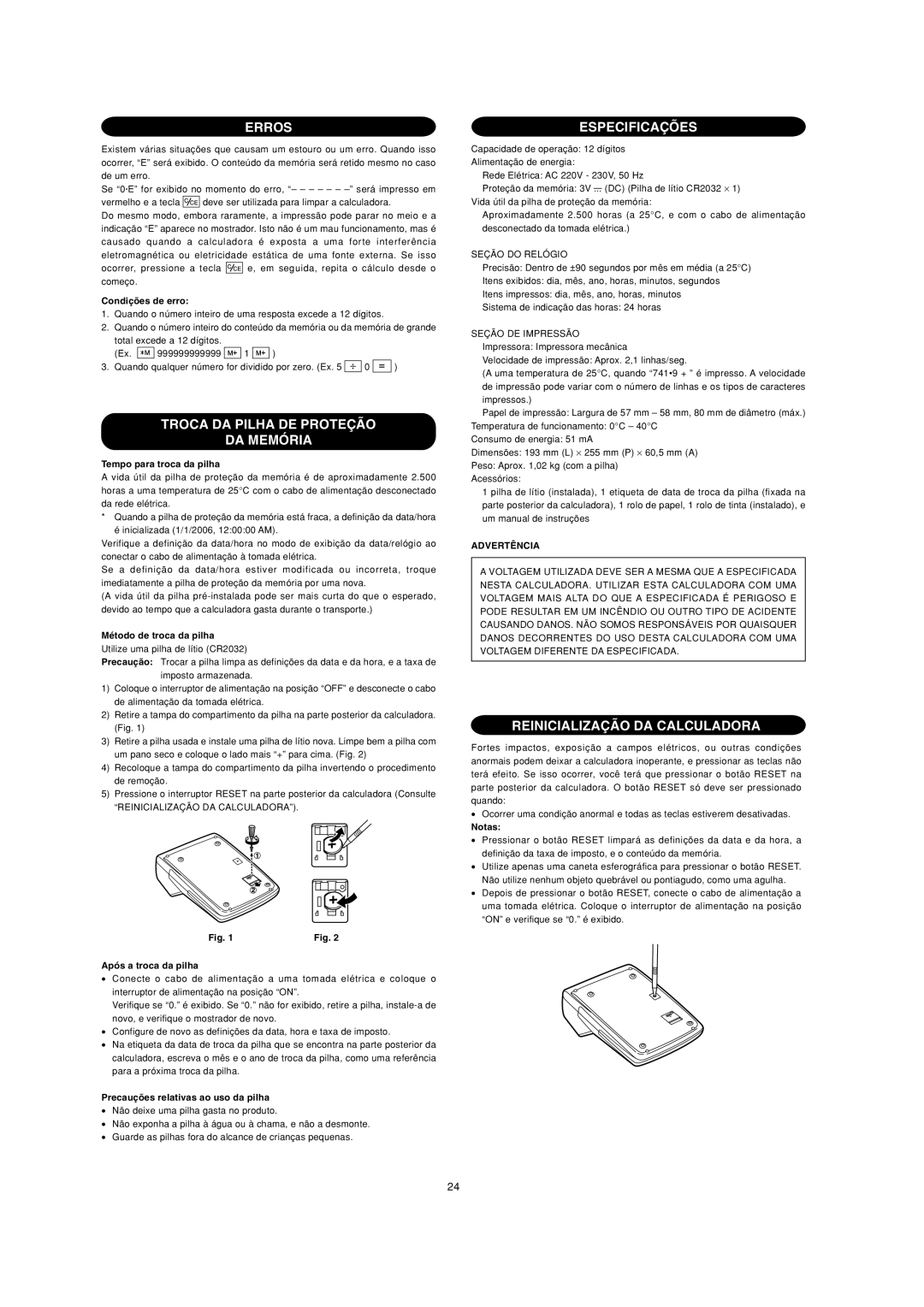 Sharp EL-2901PIII Erros, Troca DA Pilha DE Proteção DA Memória, Especificações, Reinicialização DA Calculadora 