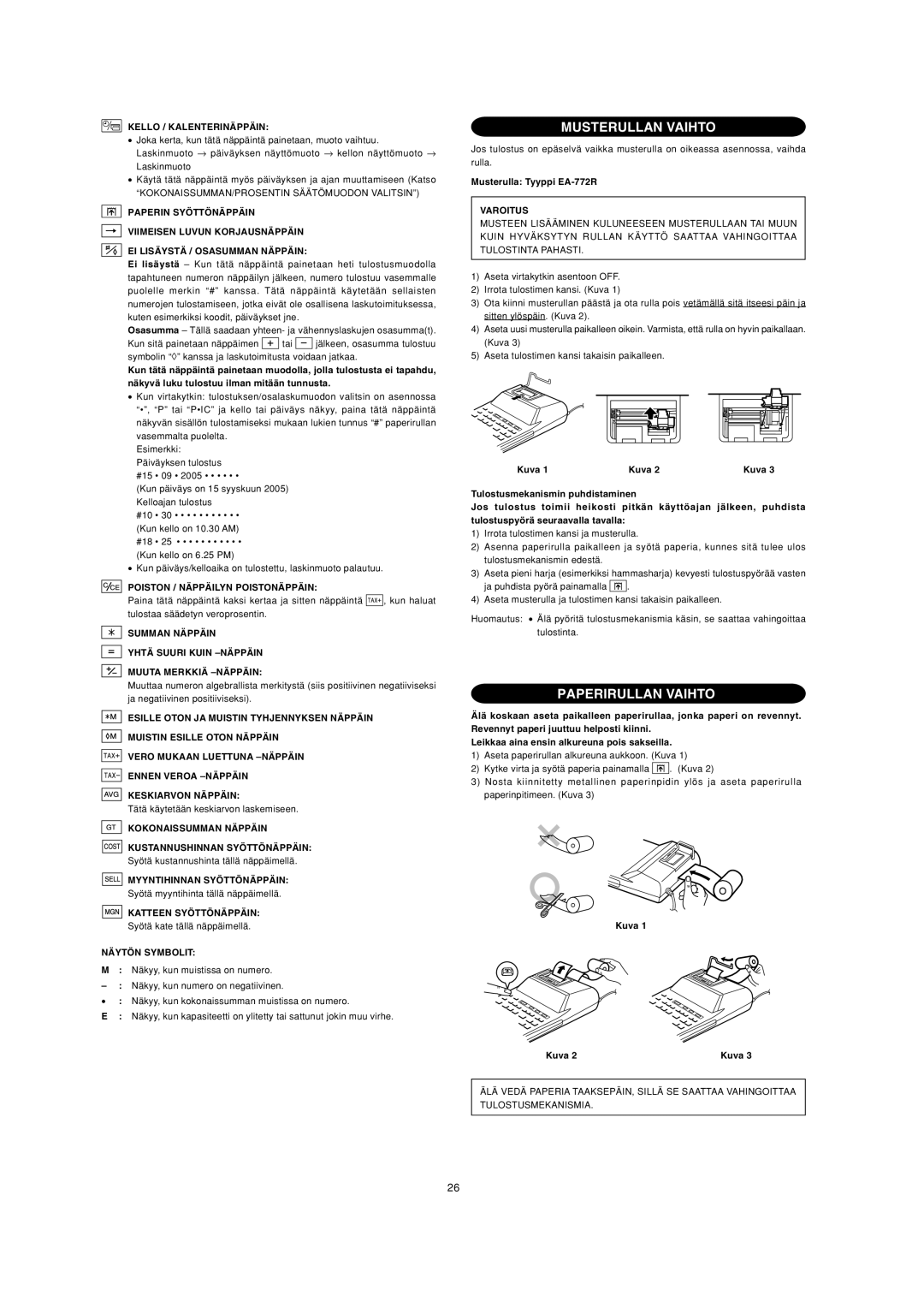 Sharp EL-2901PIII operation manual Musterullan Vaihto, Paperirullan Vaihto 