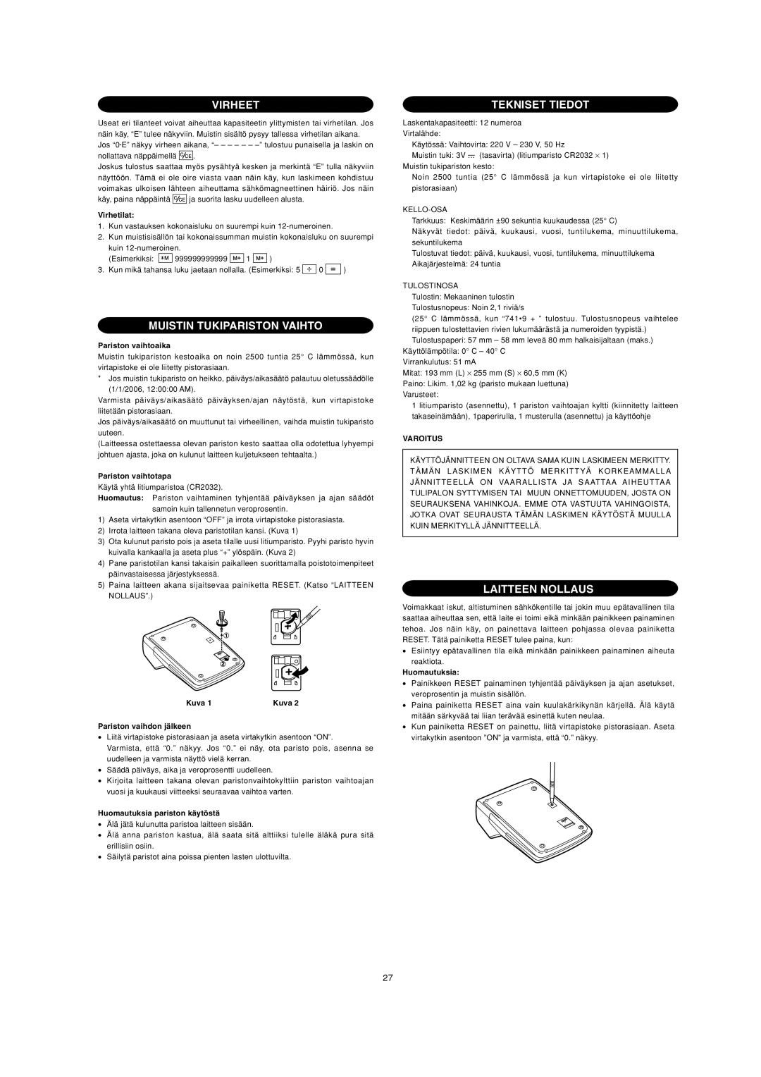 Sharp EL-2901PIII operation manual Virheet, Muistin Tukipariston Vaihto, Tekniset Tiedot, Laitteen Nollaus 