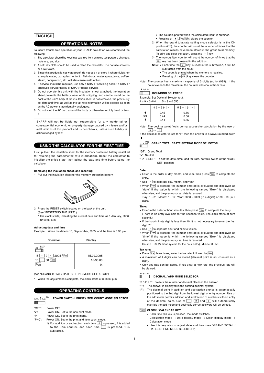 Sharp EL-2901PIII operation manual Operational Notes, Using the Calculator for the First Time, Operating Controls 