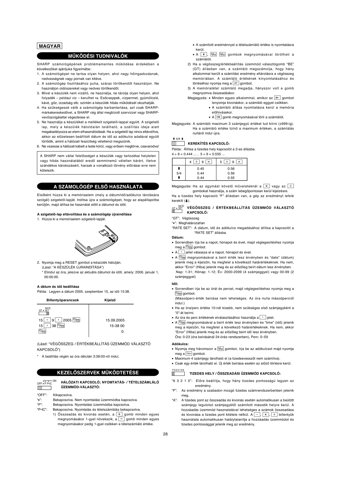 Sharp EL-2901PIII operation manual Működési Tudnivalók 