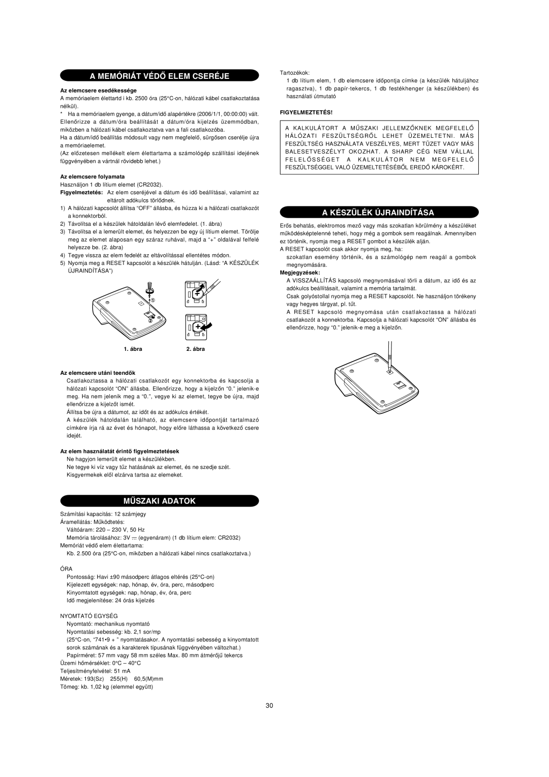 Sharp EL-2901PIII operation manual Memóriát Védő Elem Cseréje 