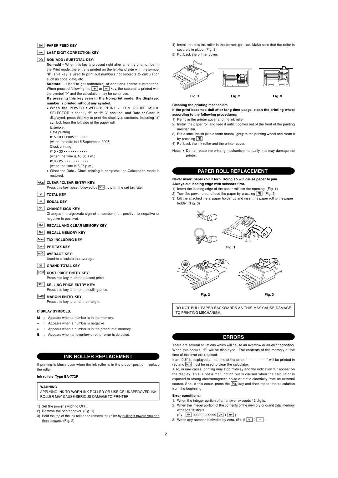 Sharp EL-2901PIII operation manual INK Roller Replacement, Paper Roll Replacement, Errors 