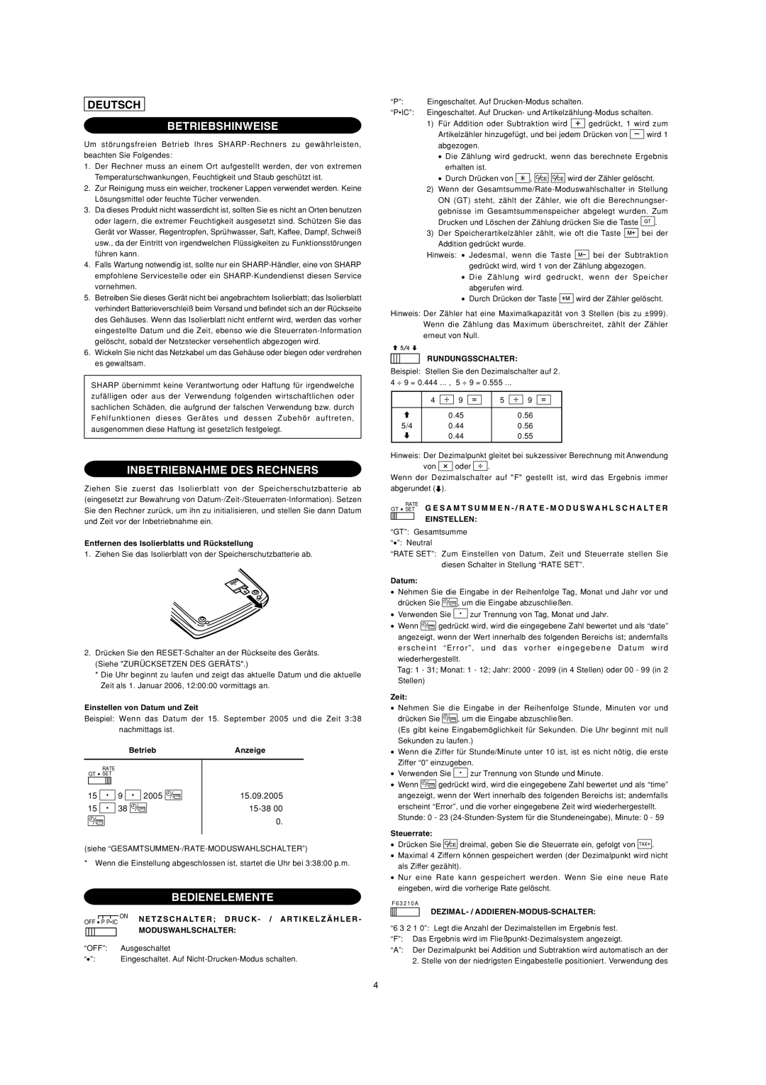 Sharp EL-2901PIII operation manual Betriebshinweise, Inbetriebnahme DES Rechners, Bedienelemente 