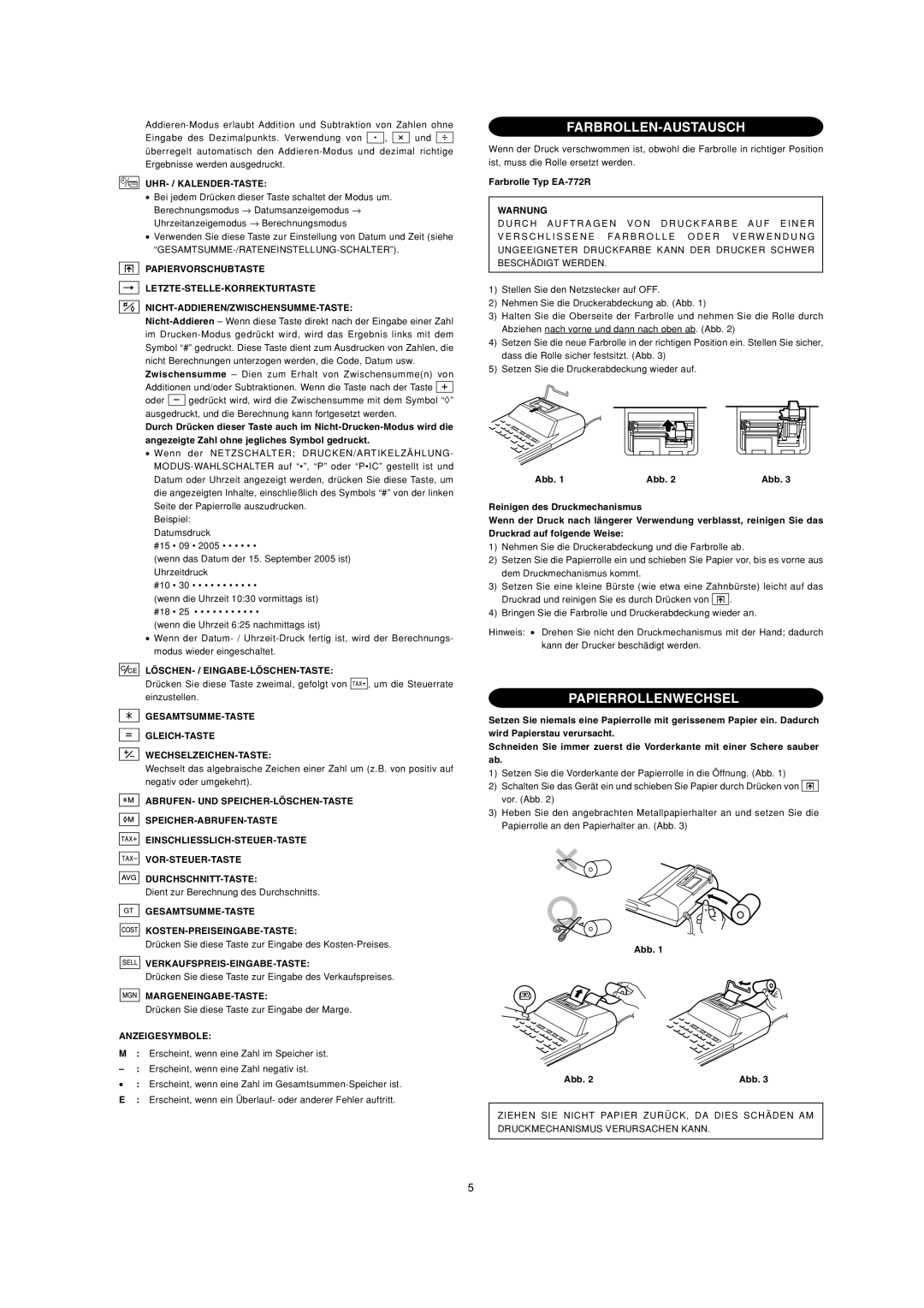 Sharp EL-2901PIII operation manual Farbrollen-Austausch, Papierrollenwechsel 