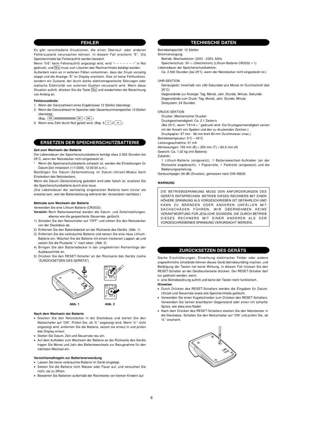 Sharp EL-2901PIII operation manual Fehler, Ersetzen DER Speicherschutzbatterie, Technische Daten, Zurücksetzen DES Geräts 