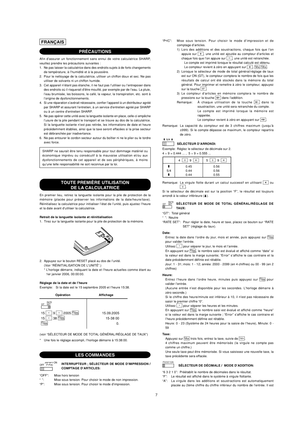 Sharp EL-2901PIII operation manual Précautions, Toute Première Utilisation DE LA Calculatrice, LES Commandes 