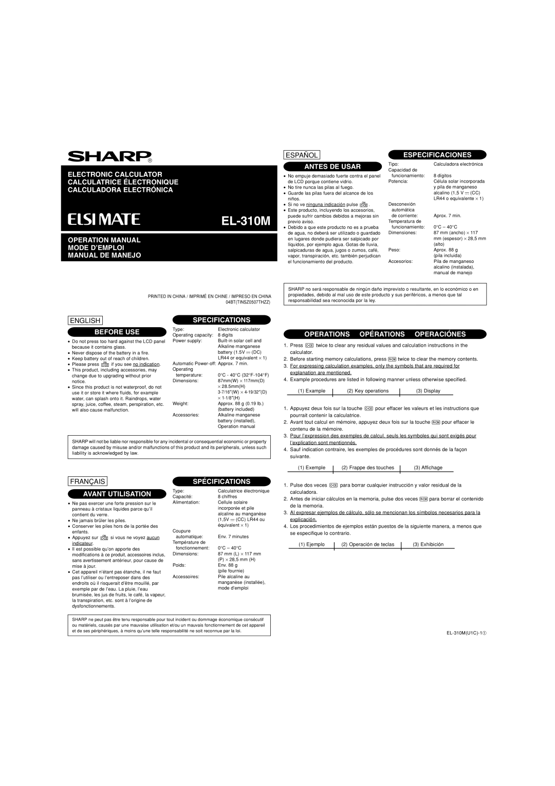 Sharp EL-310M specifications Mode D’EMPLOI Manual DE Manejo, Antes DE Usar, Especificaciones, Before USE, Specifications 