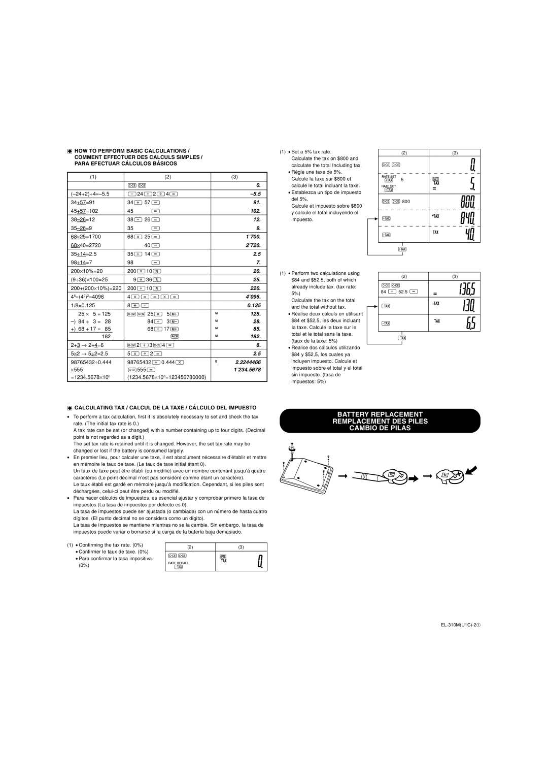 Sharp EL-310M specifications Battery Replacement Remplacement DES Piles Cambio DE Pilas 